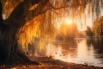 Weeping willow gracefully drapes over the trail, its branches gently swaying in the breeze, framing the tranquil lake with a palette of autumn hues. Golden hour glow. Autumnal palette.
