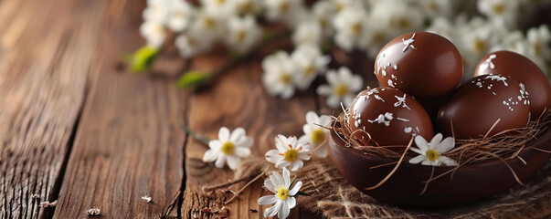 Obraz na płótnie Canvas Chocolate eggs in a nest with white spring flowers on a wooden surface create a rustic and inviting Easter scene. decor advertising or traditional Easter celebration themes.
