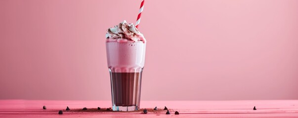 Chocolate milkshake in elegant glass decorated with whipped cream, chocolate topping, chocolate shavings and cocktail straw. Isolated on pink background. - obrazy, fototapety, plakaty