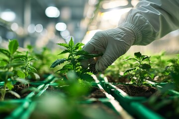 Close-up of farmer's hands in protective gloves planting hemp seeds and young sprouts in a greenhouse. High-tech facility with advanced hydroponic systems. Cannabis cultivation for medical purpose.