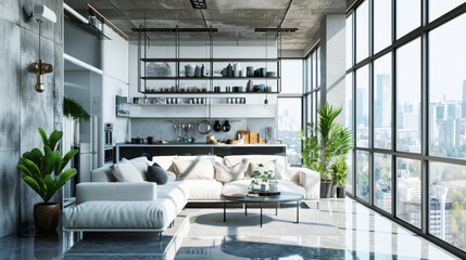 Stylish modern kitchen area in a loft style luxury studio apartment with panoramic windows. Dark...