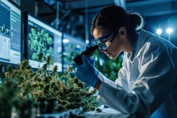 Female scientist in lab attire and goggles inspecting hemp flowers in a laboratory setting. Blurred background with screens displaying data analytics. Cannabis cultivation for medical purpose.