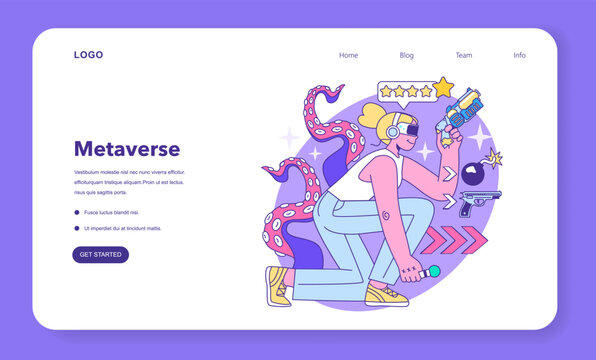 Metaverse web banner or landing page. VR futuristic technology. Digital environment or online virtual platform. Character in augmented reality and cyberspace. Flat vector illustration