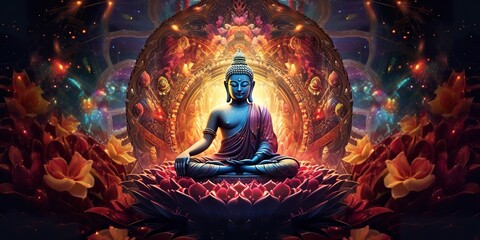 Meditating Buddha with tantric designs. - obrazy, fototapety, plakaty