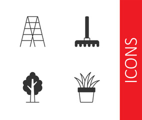 Set Plant in pot, Wooden staircase, Tree and Garden rake icon. Vector