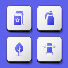 Set Pack full of seeds, Garden sprayer for water, Tree and Automatic irrigation sprinklers icon. White square button. Vector