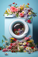 Spring freshness and the smell of washed laundry, a white washing machine in a meadow full of fresh spring flowers, laundry detergent and fabric softener.