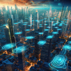 Smart city and connection lights, big data connection technology concept. Modern cityscape, skyscrapers