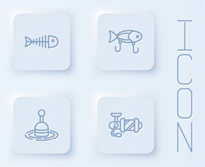 Set line Fish skeleton, Fishing lure, float water and Spinning reel for fishing. White square button. Vector