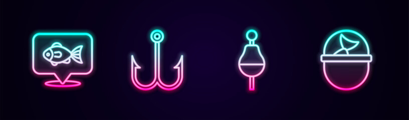 Set line Location fishing, Fishing hook, float and bucket with. Glowing neon icon. Vector