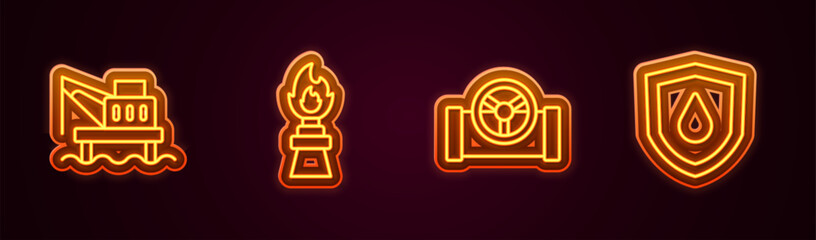 Set line Oil platform in the sea, rig with fire, pipe valve and drop on shield. Glowing neon icon. Vector