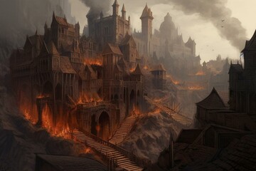 A sinister cityscape from the Middle Ages, featuring a massive fortress at its heart amidst an inferno of flames and pandemonium. Generative AI