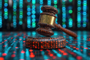Digital gavel for cybercrime in a technological background. Court, trial and justice concept