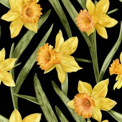 Watercolor daffodil flowers with leaves seamless pattern.