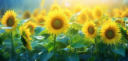 Zelfklevend Fotobehang Mesmerizing Sunflower Meadow Glistening in the Afternoon Dew. © Riffat
