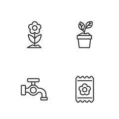 Set line Pack full of seeds, Water tap, Flower and Plant in pot icon. Vector