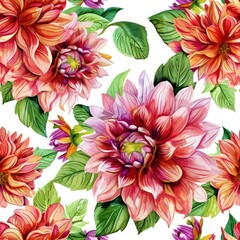 Obraz premium Watercolor dahlia flowers with leaves seamless pattern.