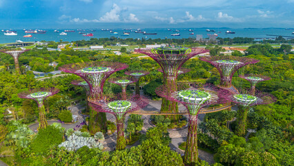Aerial view of landscape of Gardens by the Bay in Singapore. Botanical garden with artificial trees