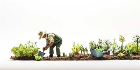 Miniature people, gardener in action isolated on white background, using as agriculture concept