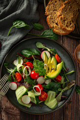 Plate with salad with fresh vegetables 