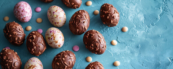 A variety of chocolate eggs, some with elaborate designs, others plain, are spread on a textured blue surface. Suits confectionery advertising or festive Easter celebrations.