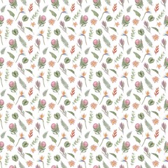 seamless pattern with tropical flowers and leaves on a white background for fabric, packaging, scrapbooking and more