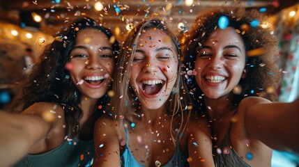 Portrait of smiling young women on party making selfie with confetti. - obrazy, fototapety, plakaty
