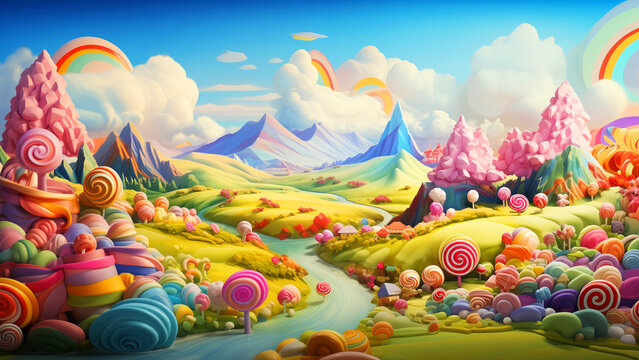 Candy mountains landscape with rainbow, lollipop, chewing gum and sweet sugar river kids wonderland