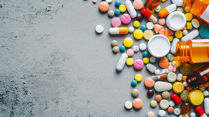 Fototapeta na wymiar Pharma Kaleidoscope: A Captivating Array of Pills and Bottles in Healthcare Exploration. Generative AI
