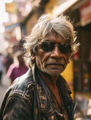 Old Indian Man with Blond Straight Hair vintage photo. Portrait of a person in 1980s aesthetics. Punk fashion. Historic photo Ai Generated Photorealistic Vertical Image.