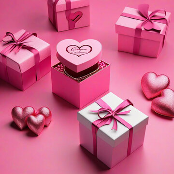 Open gift box with a cute little heart inside on pink background