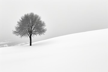 Fototapeta na wymiar Lonely tree on a snowy field in winter, black and white. A pristine landscape covered in untouched snow, with a lone tree standing against the winter backdrop. 