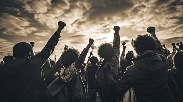 Group of people raising their hands in the air, grasping hand. A protest scene capturing a moment of civil unrest, with defiant individuals raising fists against an oppressive backdrop. 