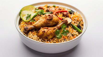 Chicken biryani , kerala style chicken dhum biriyani made using jeera rice and spices arranged in a white ceramic table ware with white background