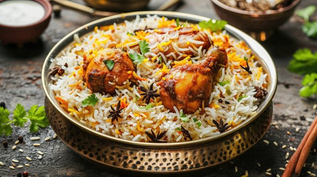 Chicken biryani Spicy Indian Malabar biryani Hyderabadi biryani, Dum Biriyani pulao golden bowl Kerala India Sri Lanka Pakistan basmati rice mixed rice dish with meat curry Ramadan Kareem, Eid
