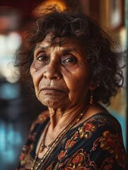 Fototapeta premium Old Indian Woman with Brown Curly Hair vintage photo. Portrait of a person in 1980s aesthetics. Punk fashion. Historic photo Ai Generated Photorealistic Vertical Image.