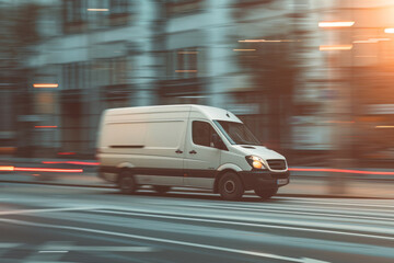 Fototapeta na wymiar Delivery van delivers fast in a city.