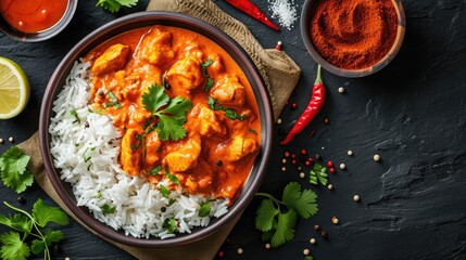 Chicken meat with tikka masala sauce, spicy curry food in a bowl with rice and seasonings, top view - obrazy, fototapety, plakaty