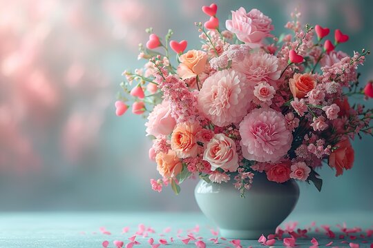 Mother's Day, Mom's Day or Women's Day or Valentines day flowers composition with hearts and copy space on pastel background