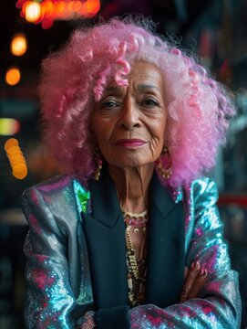Old Indian Woman with Pink Curly Hair vintage photo. Portrait of a person in 1980s aesthetics. Punk fashion. Historic photo Ai Generated Photorealistic Vertical Image.