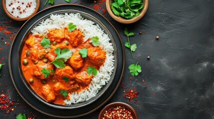Chicken tikka masala with rice. Asian-Indian dish. Top view, copy spac