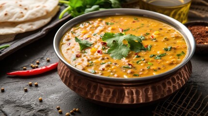 Dal tadka is a popular Indian dish where cooked spiced lentils are finished with a tempering made of ghee or oil and spices