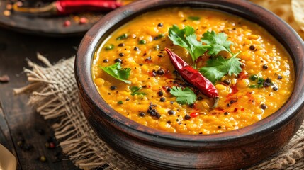 Dal tadka is a popular Indian dish where cooked spiced lentils are finished with a tempering made of ghee or oil and spices