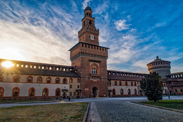 Morning scene of Sforzesco Castle in Milan