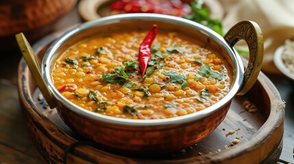 Dal tadka is a popular Indian dish where cooked spiced lentils are finished with a tempering made of ghee or oil and spices