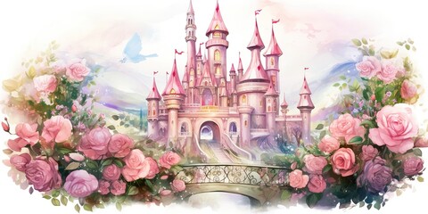 Pink roses, various flowers, leaves, and buttons decorate the pink princess palace in a watercolor fantasy