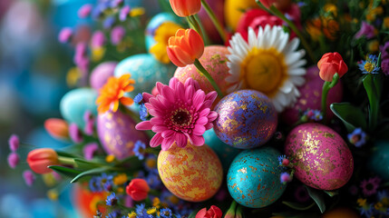Obraz na płótnie Canvas A beautiful and colorful close-up photo of Easter eggs and spring flowers, captures essence of spring and Easter celebrations, vivid colors and intricate details evoke a sense of renewal and festivity