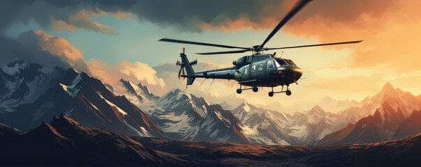 Helicopter sunset flight in moutains evening background.