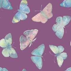 colorful butterflies, hand drawn illustration, seamless pattern on purple background.