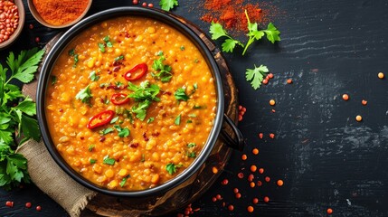 Indian dal. Traditional Indian soup lentils. Indian Dhal spicy curry in bowl, spices, herbs, rustic black wooden background. Authentic Indian dish. Overhead